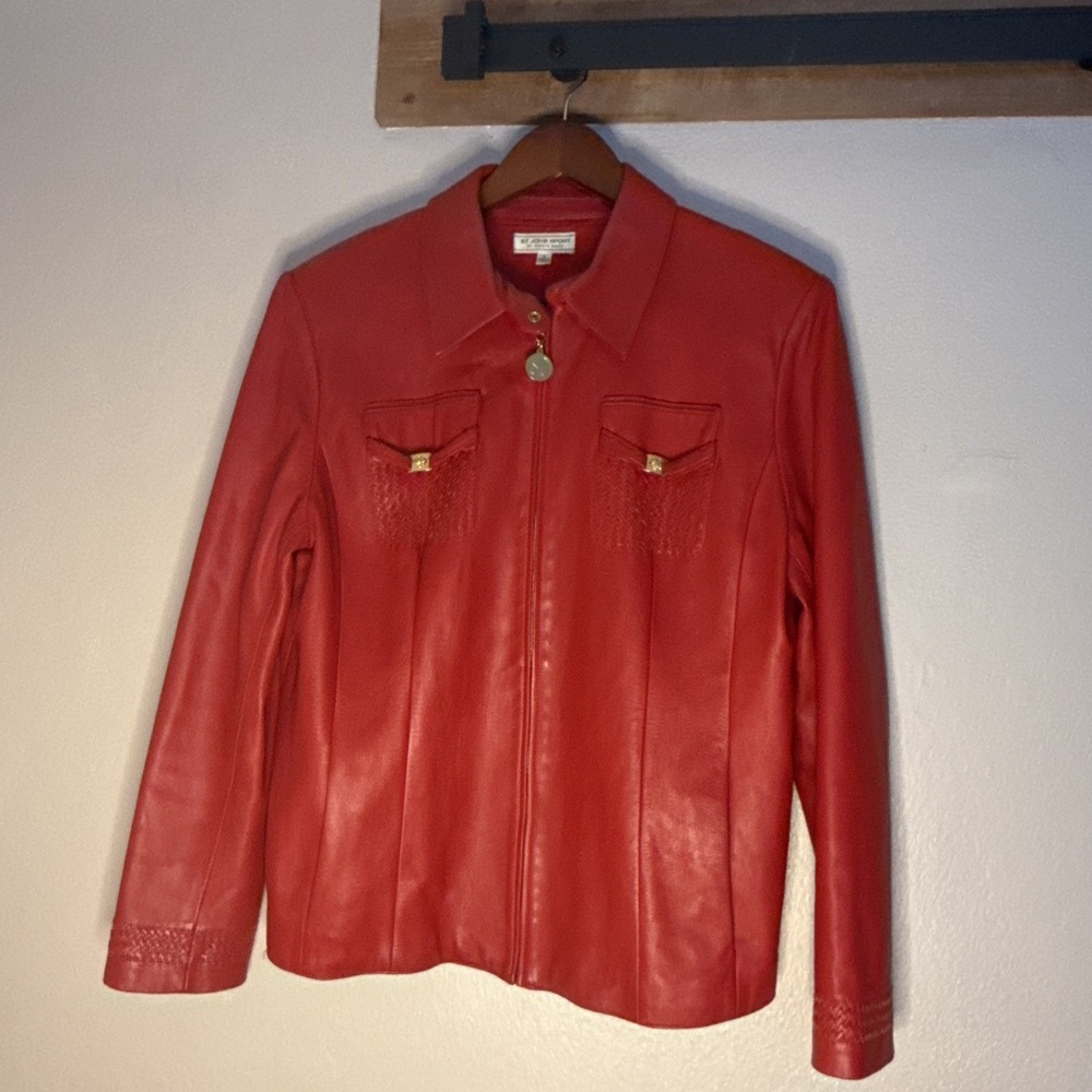 Rare St. John Sport by Marie Leather Jacket Red Women's Large Excellent